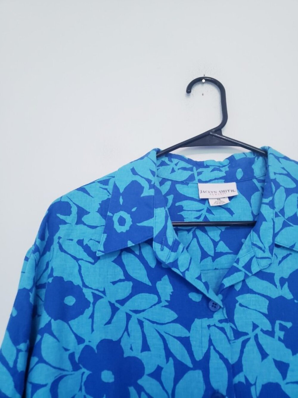 Vtg Jaclyn Smith Womens Plus 16 Blouse Linen Blend Bright Blue Floral Button Up - Picture 3 of 5